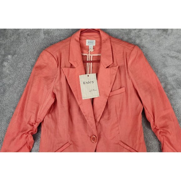 Esley Jacket Womens Medium Coral Linen One Button Cinched Long Sleeve Blazer - Picture 7 of 10